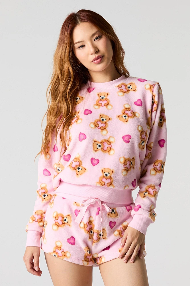 Printed Plush Long Sleeve Top & Short 2 Piece Pajama Set