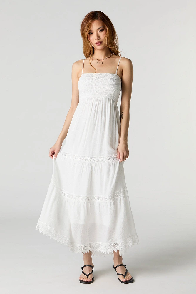 Crochet Trim Tiered Maxi Dress