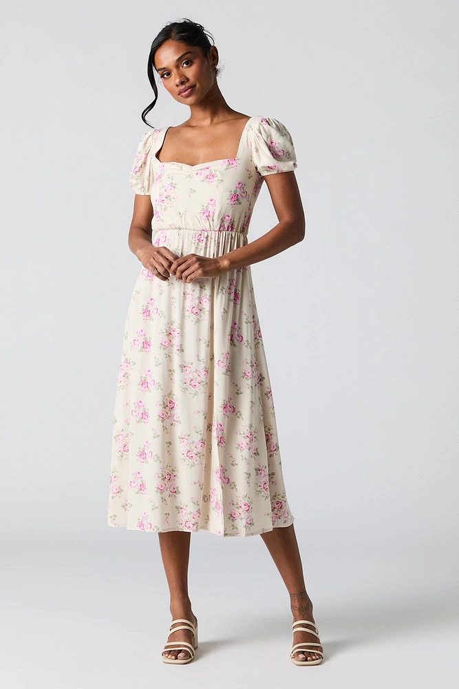 Floral Sweetheart Puff Sleeve Midi Dress
