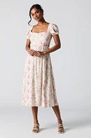 Floral Sweetheart Puff Sleeve Midi Dress