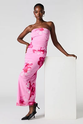 Robe maxi sans bretelles ruchée en filet