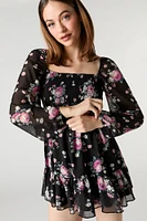 Minirobe en mousseline plissée à manche longue et imprimé floral