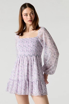 Floral Chiffon Smocked Long Sleeve Mini Dress