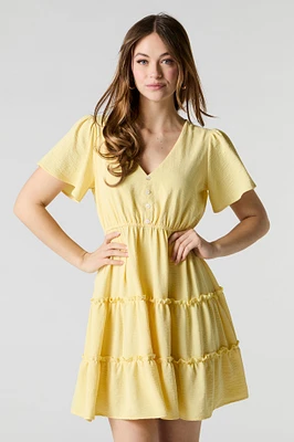 Button Front Short Sleeve Tiered Mini Dress