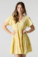 Button Front Short Sleeve Tiered Mini Dress