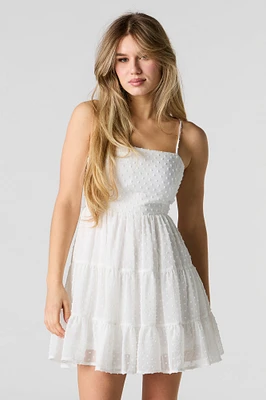 Swiss Dot Tiered Mini Dress with Built-In Cups