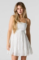 Swiss Dot Tiered Mini Dress with Built-In Cups