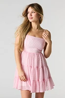 Swiss Dot Tiered Mini Dress with Built-In Cups