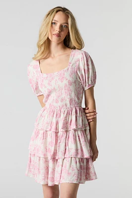 Minirobe à volant, ruché et manche bouffante imprimé floral