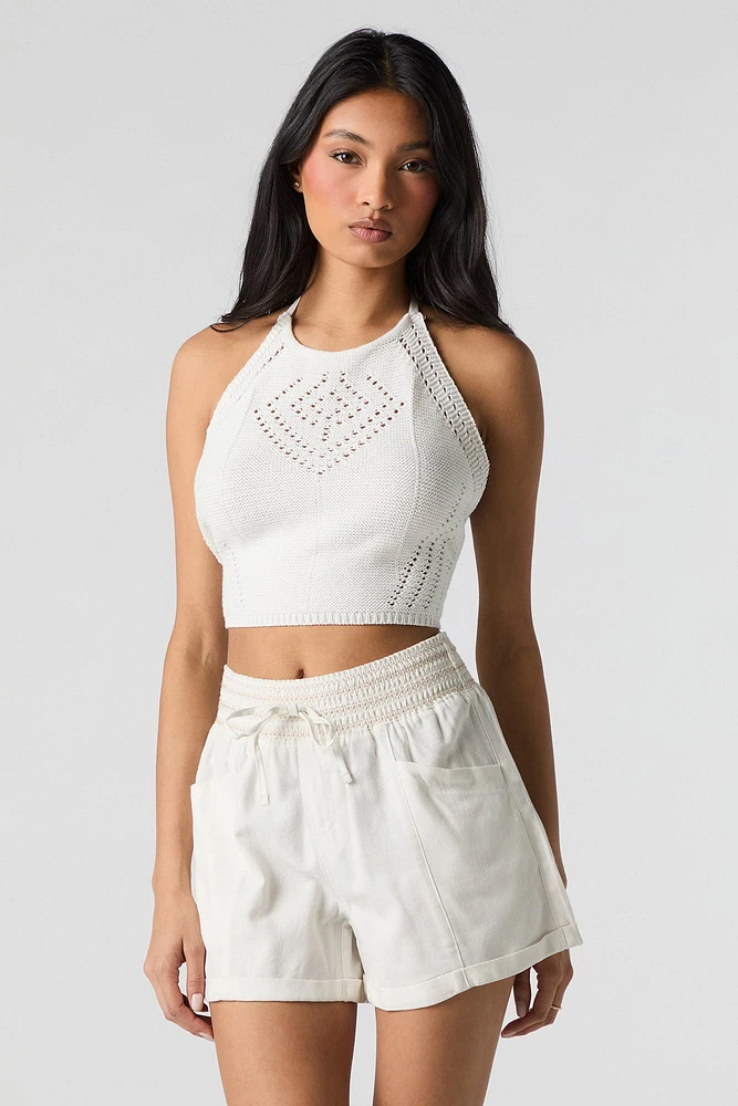 Short en mélange de lin à taille smockée