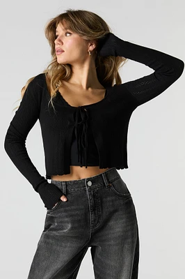 Pointelle Knit Front Tie Cardigan