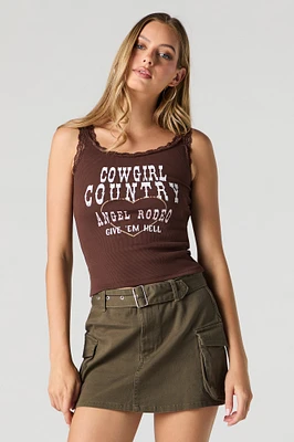 Western Graphic Ribbed Lace Trim Tank