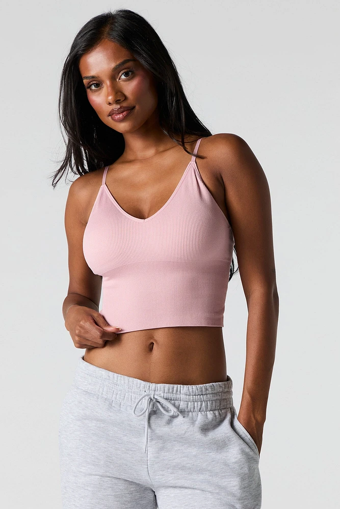 Seamless Ribbed V-Neck Cami with Built-In Bra Cups