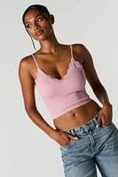 Seamless Ribbed Lace Trim Cami with Built-In Bra Cups