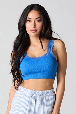 Seamless Ribbed Lace Trim Bralette with Built-In Cups