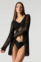 Open Crochet Knit Tie Front Long Sleeve Cover Up
