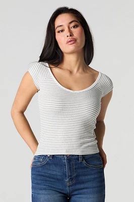 Ribbed V-Neck Cap Sleeve T-Shirt