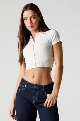 Ribbed Knit Button Front Polo Top
