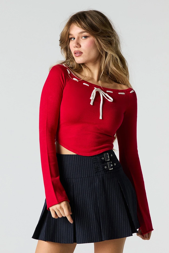 Contrast Stitch Boat Neck Crop Top
