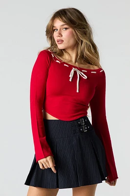 Contrast Stitch Boat Neck Crop Top