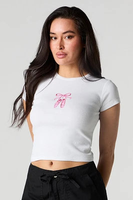 Girly Graphic Ribbed Cropped T-Shirt