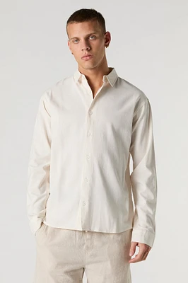 Linen-Blend Button-Up Long Sleeve Top