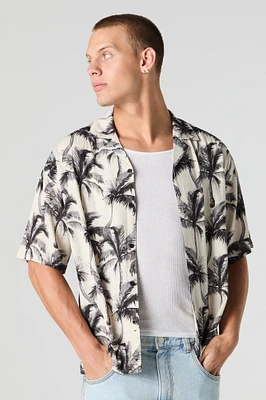 Tropical Print Short Sleeve Button-Up Top
