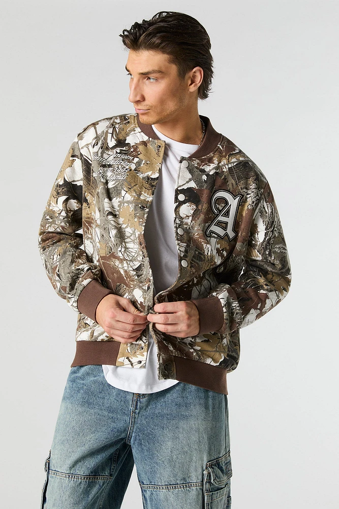 Blouson de style universitaire en molleton imprimé avec motif brod