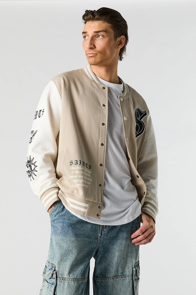 Blouson de style universitaire en molleton imprimé avec motif brod