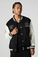 Faux Suede Embroidered Varsity Jacket