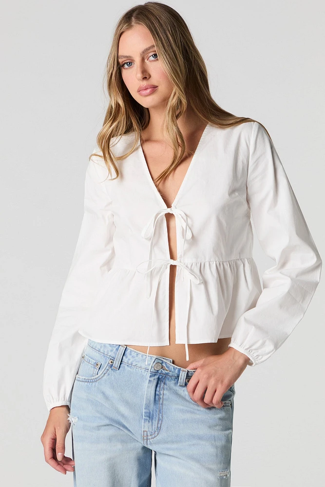 Poplin Tie Front Long Sleeve Top