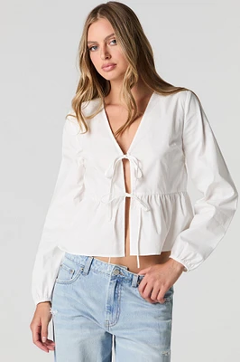 Poplin Tie Front Long Sleeve Top