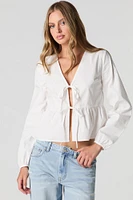 Poplin Tie Front Long Sleeve Top