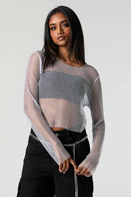 Rhinestone Fishnet Long Sleeve Top
