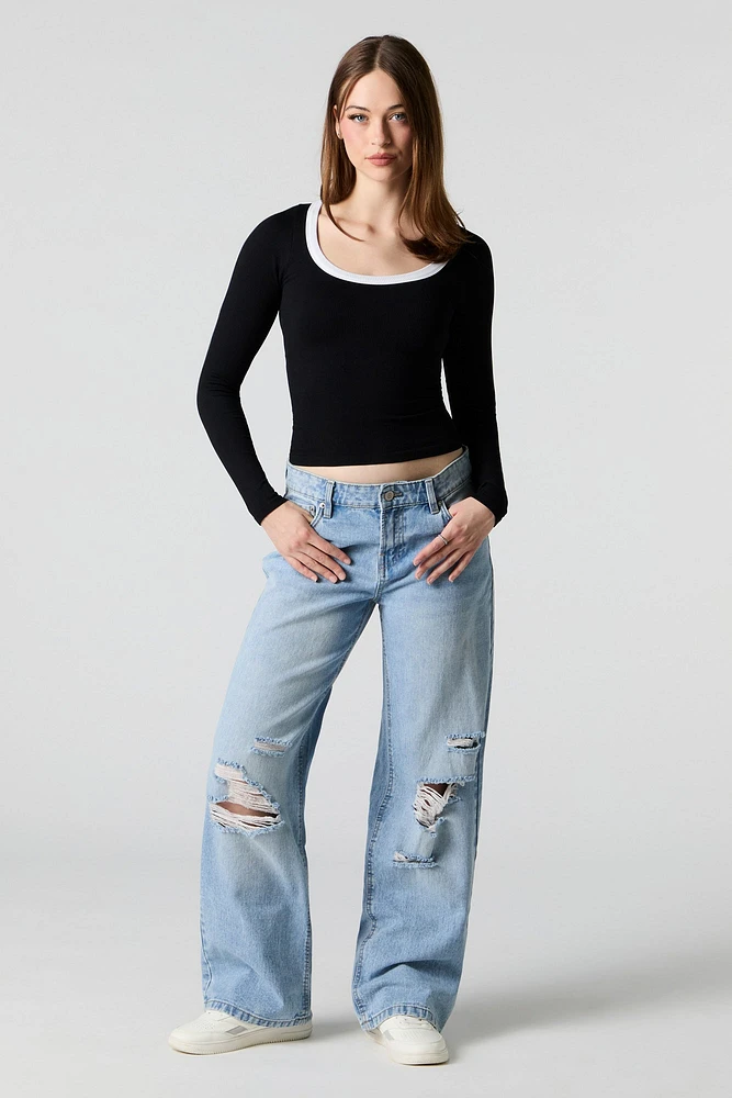 Distressed Medium Wash Low Rise Wide Leg Jean