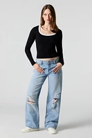 Distressed Medium Wash Low Rise Wide Leg Jean