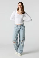 Distressed Light Wash Low Rise Wide Leg Jean