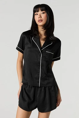 Satin Button-Up Shirt & Short 2 Piece Pajama Set