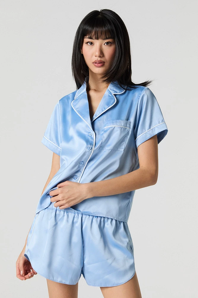 Satin Button-Up Shirt & Short 2 Piece Pajama Set
