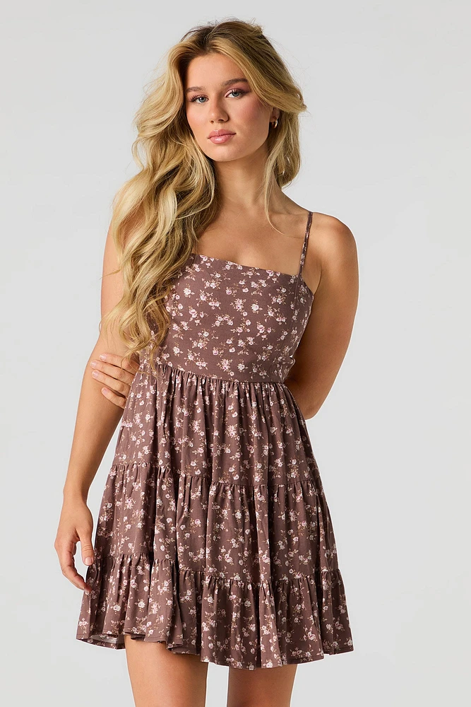 Floral Tie Back Tiered Mini Dress with Built-In Cups