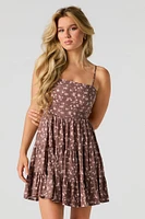 Floral Tie Back Tiered Mini Dress with Built-In Cups