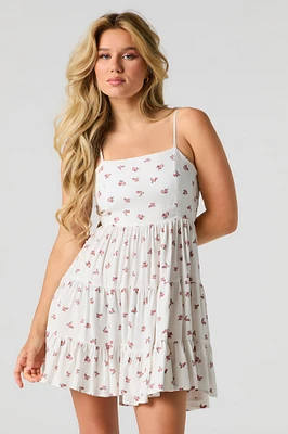 Floral Tie Back Tiered Mini Dress with Built-In Cups