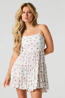 Floral Tie Back Tiered Mini Dress with Built-In Cups
