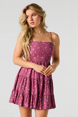 Floral Tie Back Tiered Mini Dress with Built-In Cups