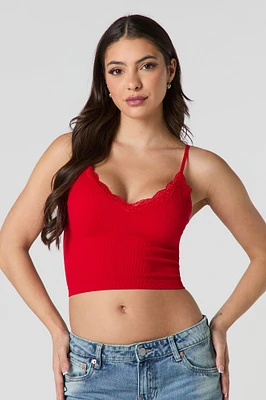 Seamless Ribbed Lace Trim Cropped Cami