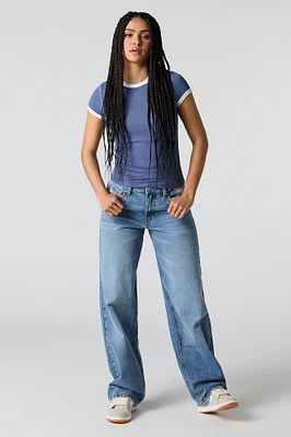 Jean rigide baggy d'aspect usé à taille basse avec poches