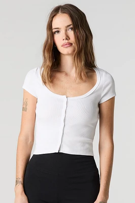 Ribbed Scoop Neck Button Front Top