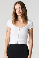Ribbed Scoop Neck Button Front Top
