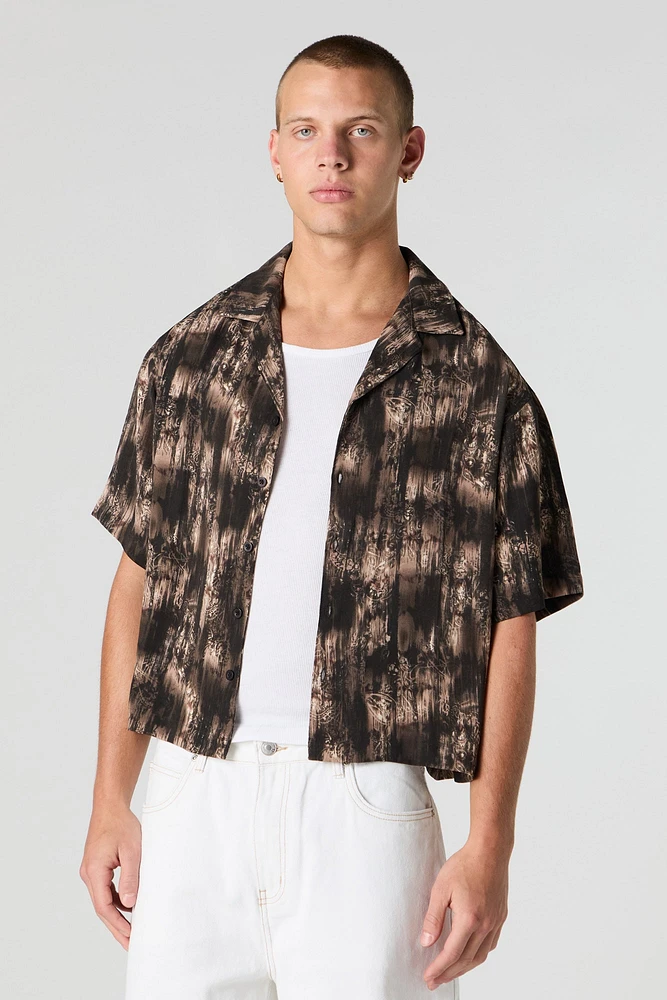 Printed Boxy Short Sleeve Button-Up Top