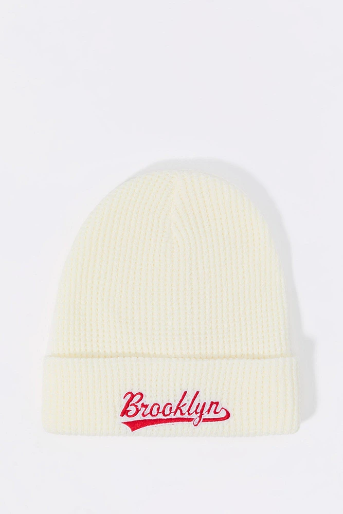 City Embroidered Ribbed Knit Beanie
